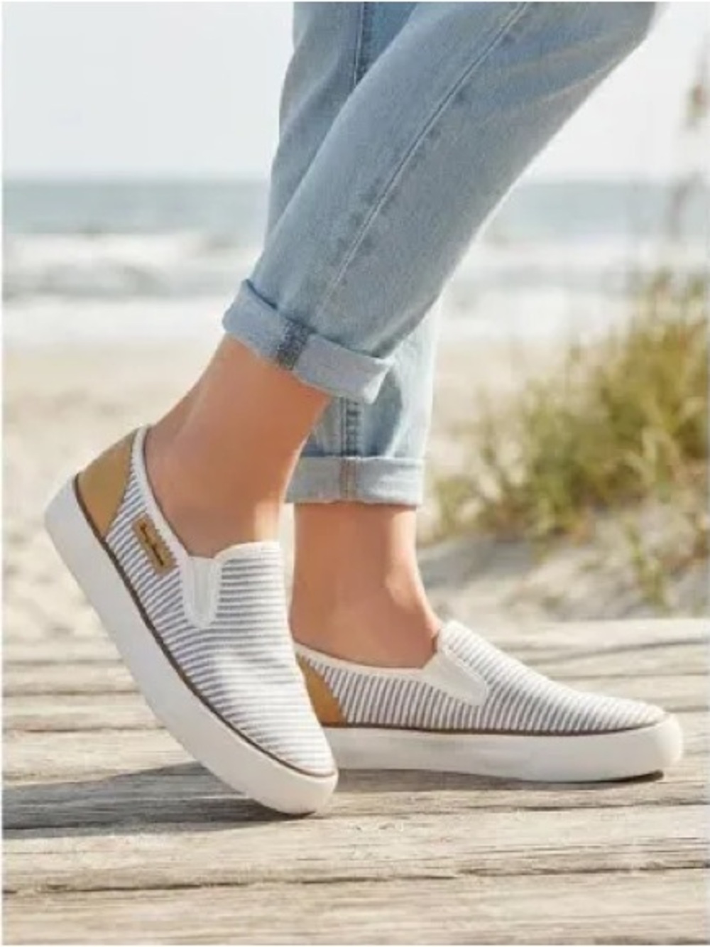 Tommy Bahama White Striped Slip-On Sneakers with Tan Accents